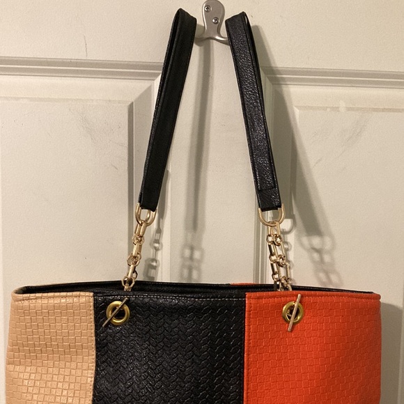 NEW NWOT Color Block Handbag Purse Textured Croc Alligator Orange, Black, Beige - Picture 11 of 15